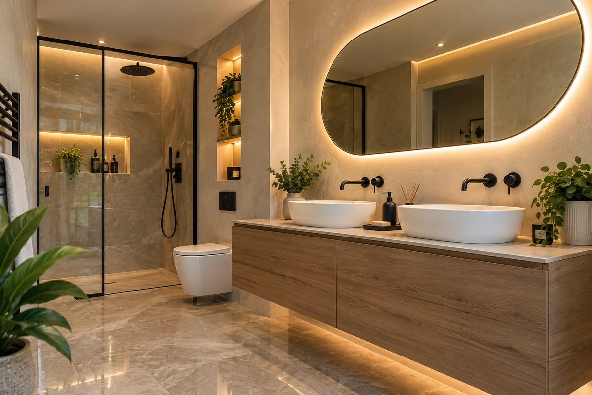 Contemporary bathroom with warm lighting and carefully selected finishes